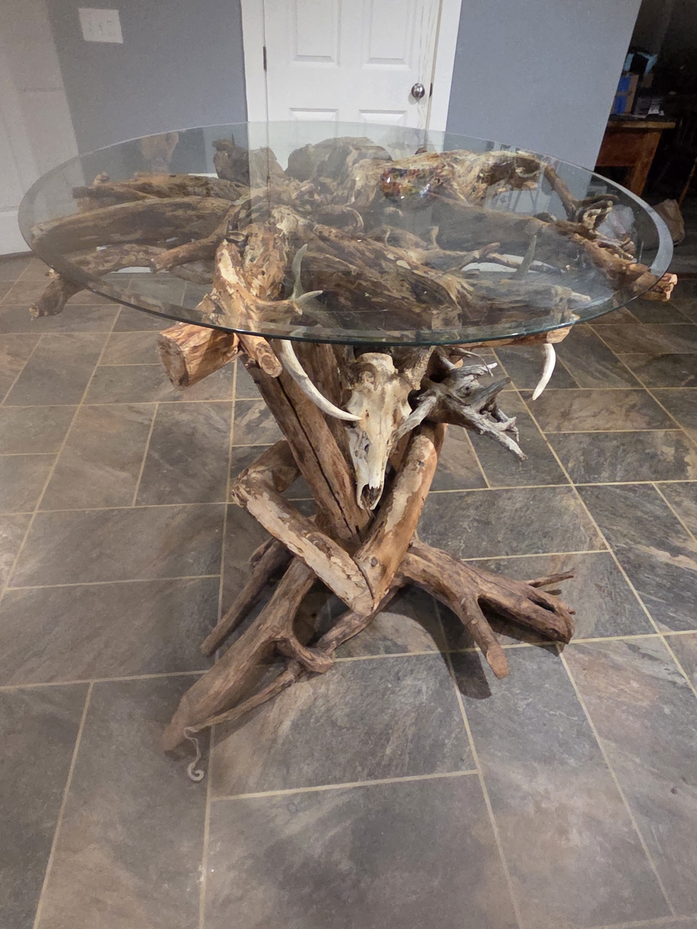 Rustic Driftwood Glass Top Accent Table - Brown & Natural MAINE MADE